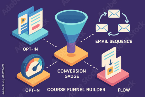 Course funnel builder diagram with conversion gauge and email sequence