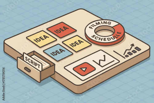 Isometric content creation planner with filming schedule and script organizer