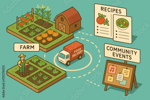 Sustainable farming community: farm, food delivery, recipes, and events