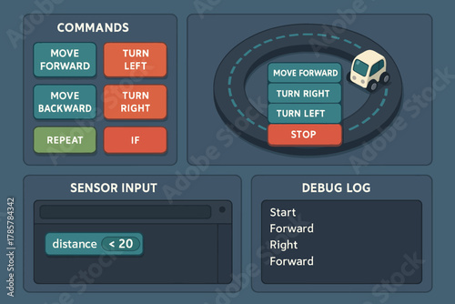 Interactive robot programming interface with command buttons and sensor input display