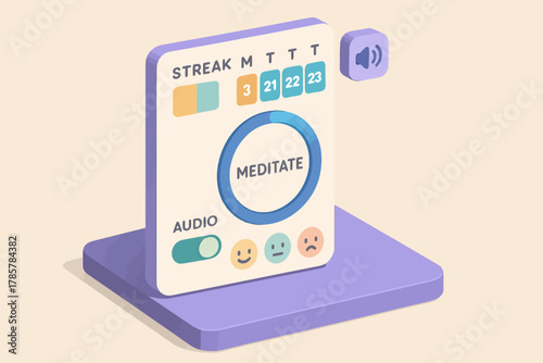 Minimalist meditation tracker with audio and mood features in soft colors