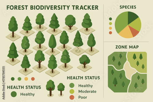 Forest biodiversity tracker infographic with tree health status and zone map