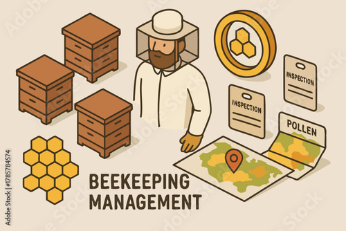 Beekeeping management: apiary and hive inspection with map and pollen icons
