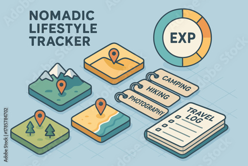Nomadic lifestyle tracker with hiking, camping, travel log and experience pie chart