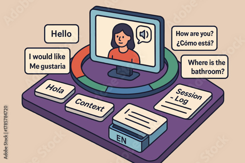 Bilingual virtual communication interface with hispanic female avatar on screen