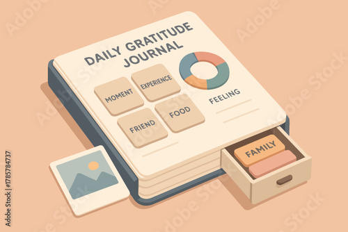 Daily gratitude journal with colorful graph and family drawer on pastel background