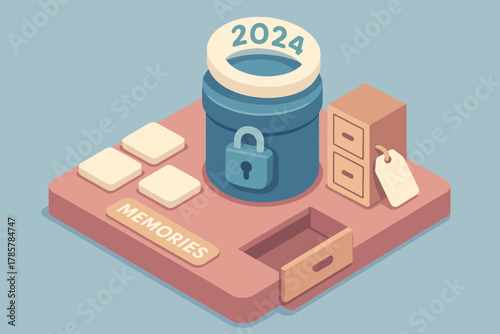 Isometric 2024 memory capsule with lock and file cabinet