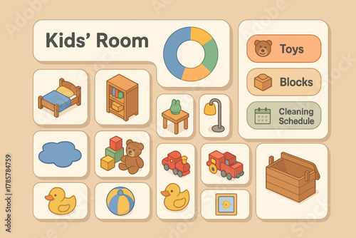 Children's playroom organization: furniture, toys, blocks, cleaning schedule icons