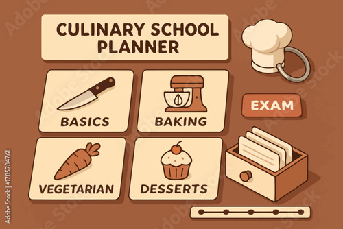 Culinary school planner with basics, baking, vegetarian, and desserts