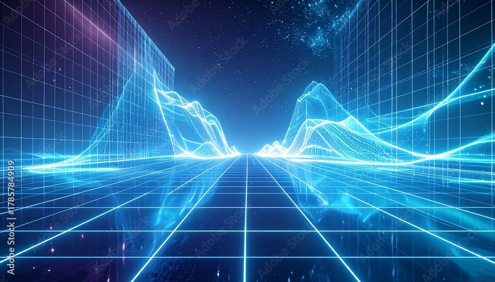 Obraz premium Magical VR environment with translucent grids, radiant particles, and softly pulsating neon waves forming surreal architecture in infinite digital space