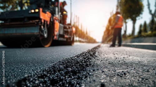 Close-up of new asphalt being paved by a road roller on a sunny day.