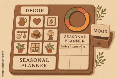 Vintage seasonal planner with home decor icons and mood board