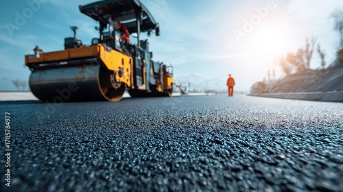 Road roller compacting freshly laid asphalt during professional paving work.