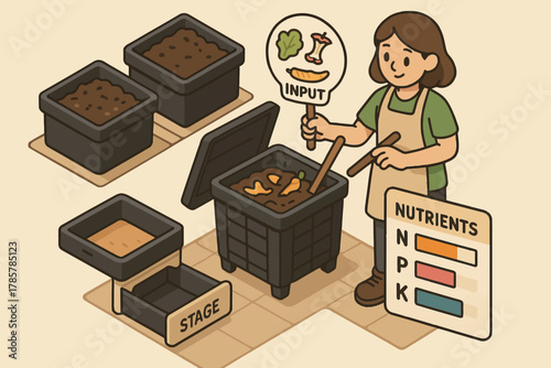 Young female caucasian preparing compost with nutrient infographic and tools illustration