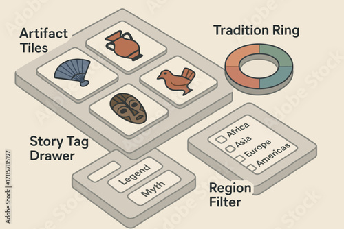 Cultural exploration interface with artifact tiles and story tag drawer