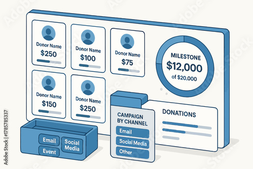 Fundraising dashboard with donation milestone and campaign channels