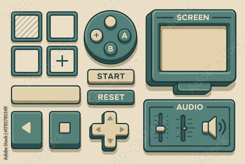 Retro game interface elements: buttons, screen, and audio controls in teal and beige