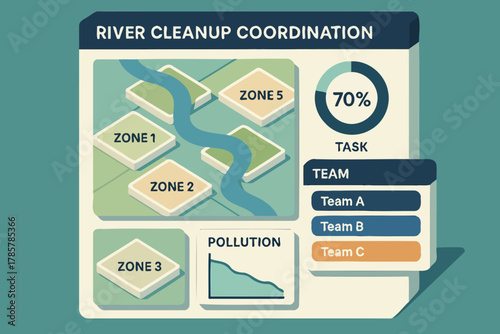 River cleanup coordination graphic with task progress and pollution levels