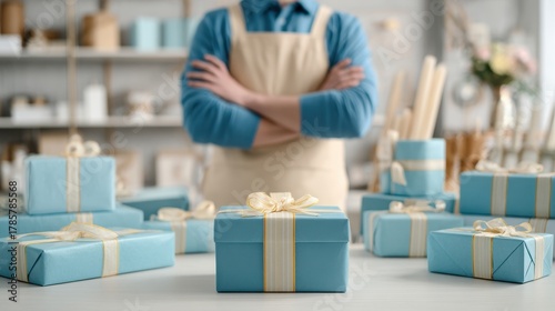 Stack of beautifully wrapped blue gift boxes with yellow ribbons