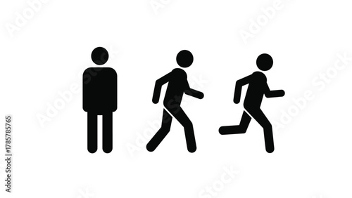 Vector Set of Human Movement Icons: Standing, Walking, and Running Pictograms or Silhouettes for Speed and Action Representation.
