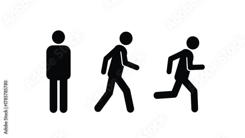 Standing, Walking, and Running Human Icon Set. Stick Figures showing different phases of motion: stationary, stride, and sprint.