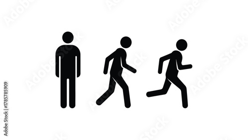 Human Movement Stages Pictogram Set: Standing, Walking, and Running Stick Figures Vector Illustration