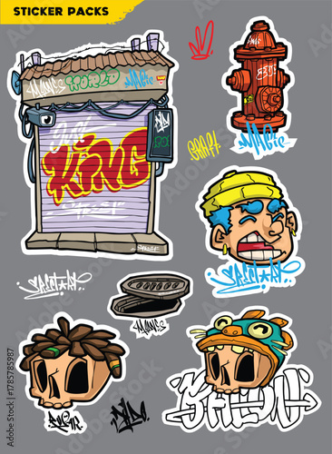 Sticker Design Colorful Urban Graffiti Character Illustration Cartoon Character with Bold Lettering in Urban Street Style