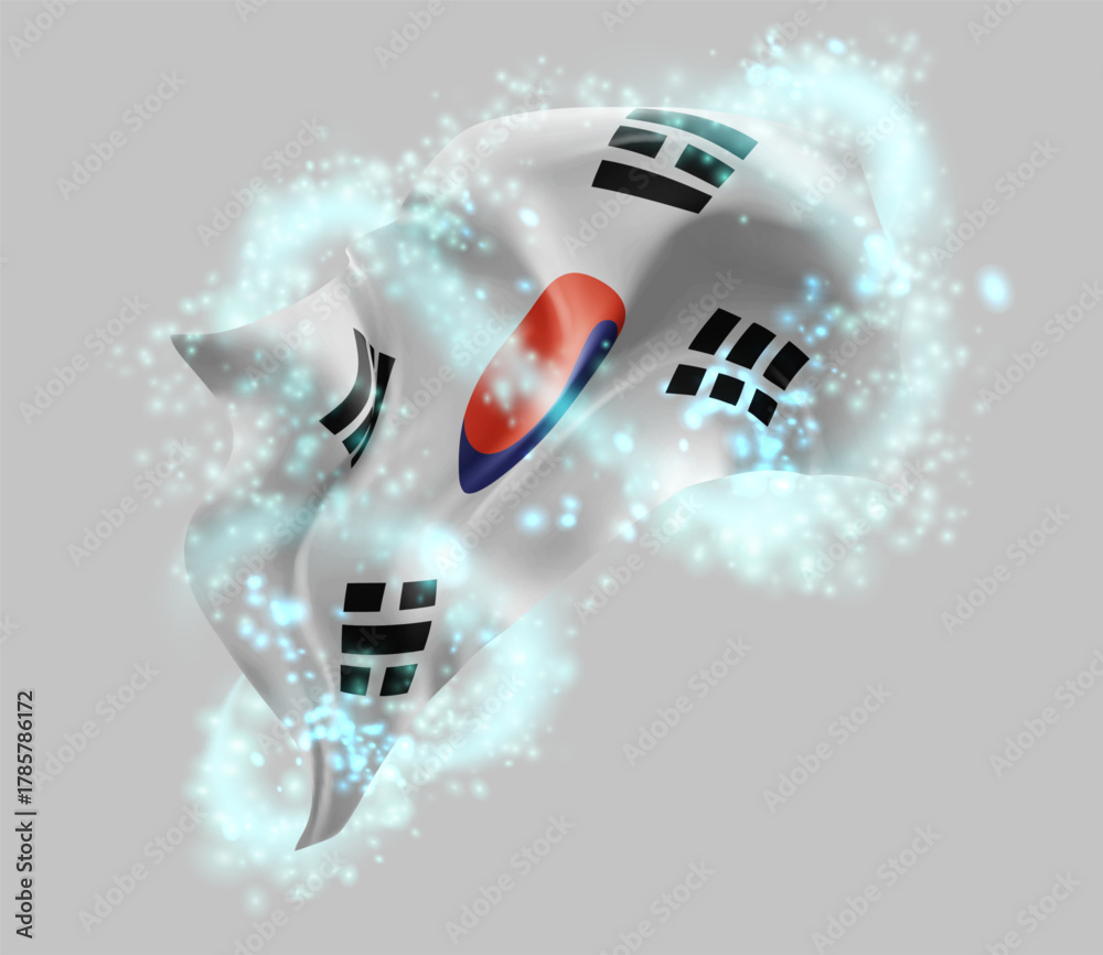 Fototapeta premium Korea, vector 3d flag in whirlwind of magical radiance