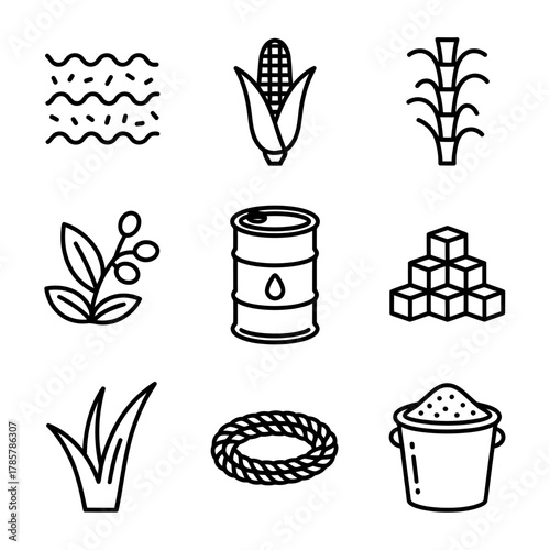 Nine Black and White Agricultural Icons A Digital Illustration of Crops and Resources