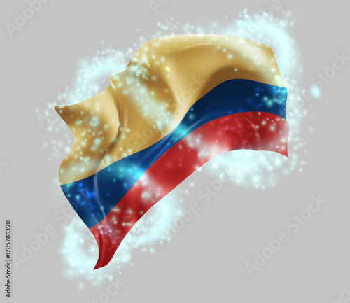 Colombia, vector 3d flag in whirlwind of magical radiance