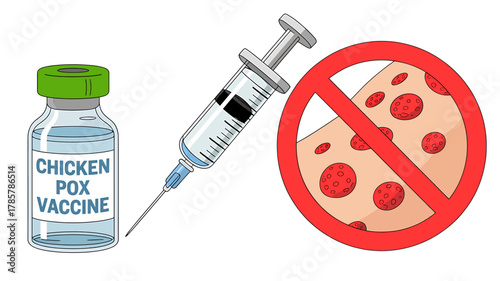 Chickenpox vaccine vial, syringe, and prohibited rash symbol
