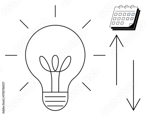 Lightbulb with rays, calendar, and arrows showing progression and regression. Ideal for innovation, planning, productivity, organization, strategy time management idea prioritization. Simple flat