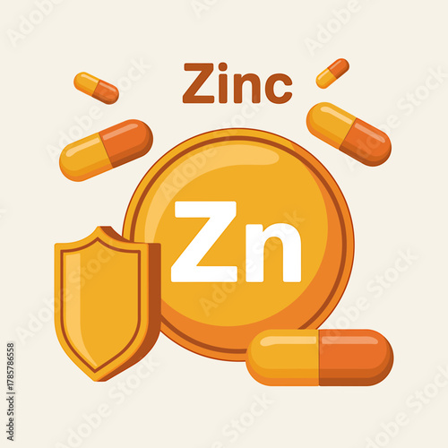 Zinc element zn symbol, immunity shield, dietary health supplement.