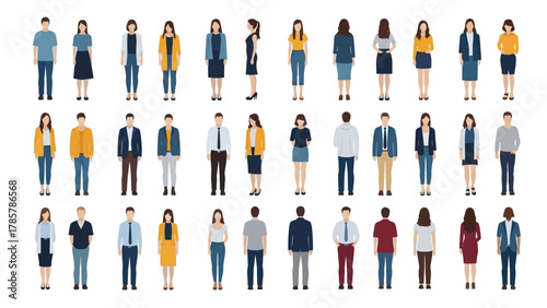 Set of Diverse Standing Business People Vector Illustration. Large Group of Male and Female Characters in Various Poses and Attire.