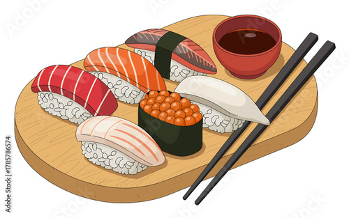 Assorted traditional japanese sushi on wood board with soy sauce