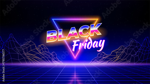 Black friday retro futuristic neon offer banner. Sale poster, promotion. 80s style, neon color. Shining triangle, laser grid, wireframe mountain, floor. Black friday in retro synthwave concep. Vector