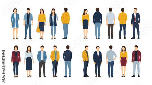 Diverse Standing People Vector Set. Collection of Men and Women Characters in Casual and Business Attire, Isolated Flat Style Illustration showing Front, Back, and Side Views.