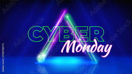 Cyber monday neon offer poster. Special offer sale. Neon triangular frame. Stage blue background. Cyber monday concept, advertising. Sale, promotion banner. Vector illustration