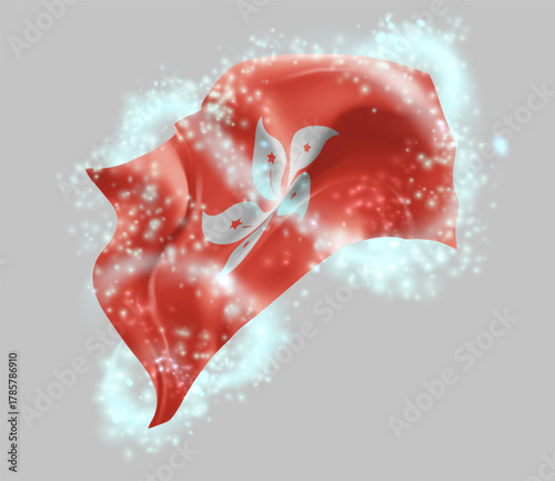Hong Kong, vector 3d flag in whirlwind of magical radiance