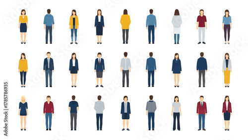 Flat Vector Characters Set. Diverse people icons showing men and women in various professional and casual attire, isolated figures with front and back views for demographic representation.