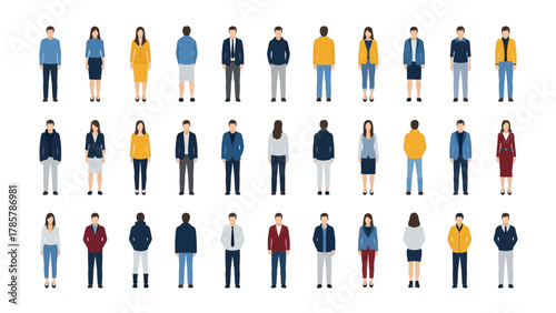 Diverse People Vector Set. Collection of Men and Women Avatars in Casual and Business Attire. Front and Back View Flat Design Illustration.