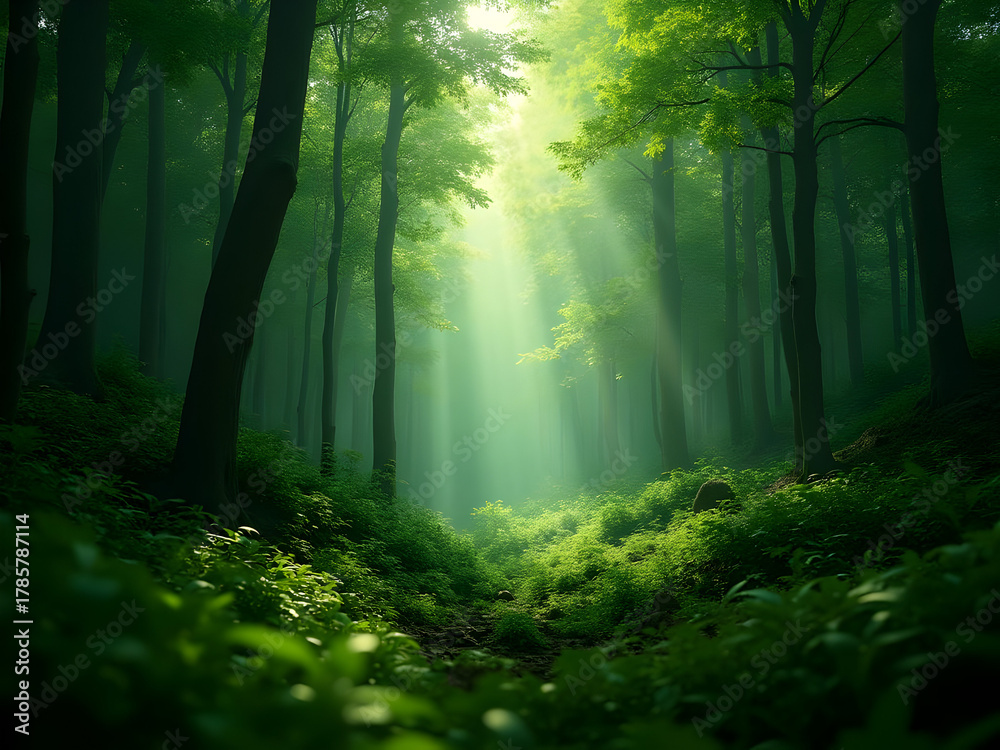 Fototapeta premium Hyper-realistic forest green plexus with nature network connections, environmental technology presentation