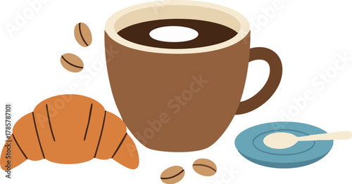 モダンなカフェブレイクアイコン：コーヒーカップとパンのシンプルなラインアートとフラットカラー