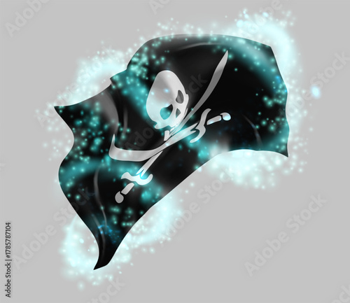 Pirate, vector 3d flag in whirlwind of magical radiance