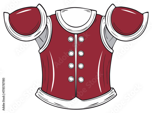 Stylized fantasy armor illustration with a red buttoned vest and shoulder pads