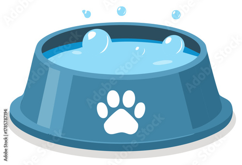 Blue Pet Bowl with Water and Paw Print Icon Clean Vector Illustration