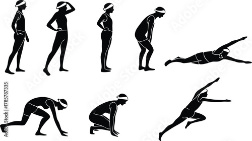 Dynamic swimmer poses capture athletic grace and powerful motion from start to finish in a clean silhouette