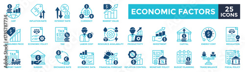 Economic factors icon collection set. Containing GDP, inflation rate, tax, investment, regulation, import tariff, financial forecast, fiscal policy icon. Dual tone style vector illustration.	