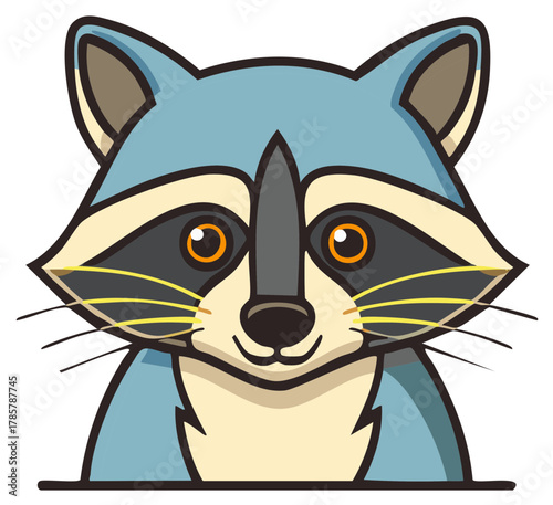 Cartoon raccoon face with blue fur, black mask, and yellow whiskers in a clean, graphic style.