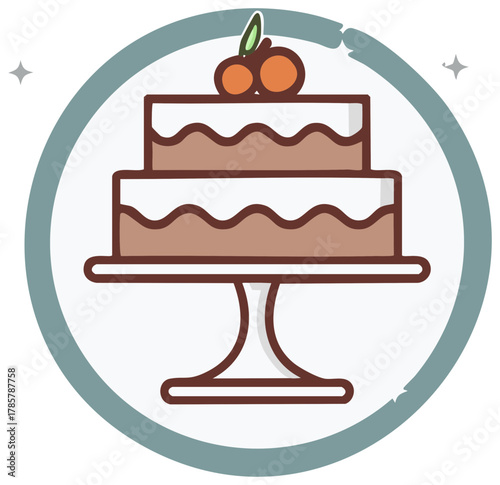 Illustrated two tier birthday cake with cherries on a platter icon
